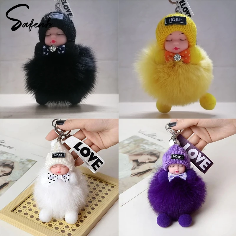 Sleeping Baby Keychain Cute Fluffy Plush Doll Pompom Pendant Key Chains For Women Girl Bags Decor Cars Keyring Gift Charm