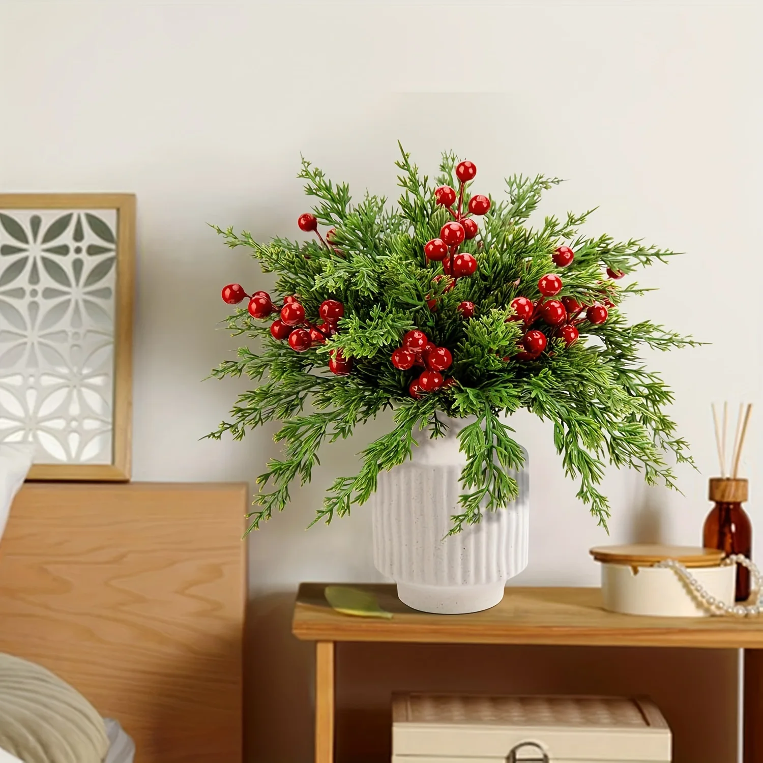 20/40/68pcs Christmas Decorative Flowers Red Berry Stems Artificial Pine Branches Fake Green Plant Pine Leaf Picks DIY