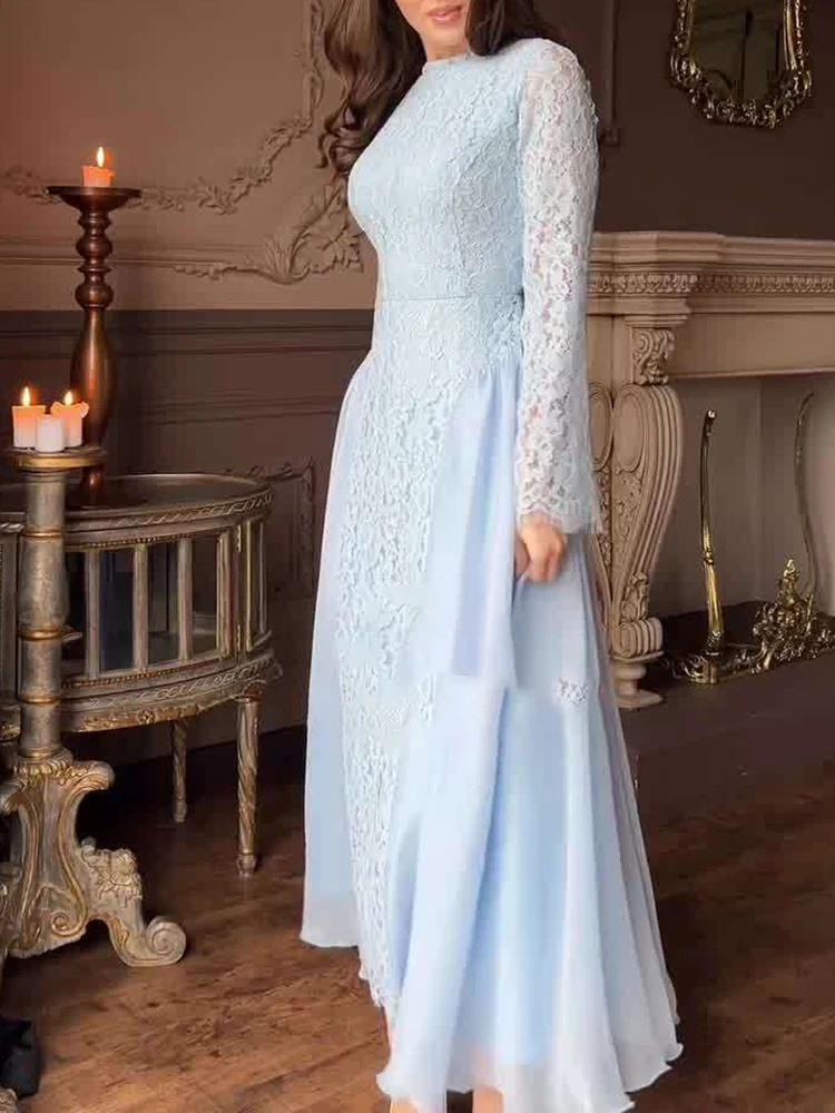 أنيقة س الرقبة عالية الخصر مطوي فستان حفلة موسيقية عادية الخريف المرأة فستان ماكسي الأزرق الدانتيل المرقعة بأكمام طويلة سوينغ فستان الحفلات