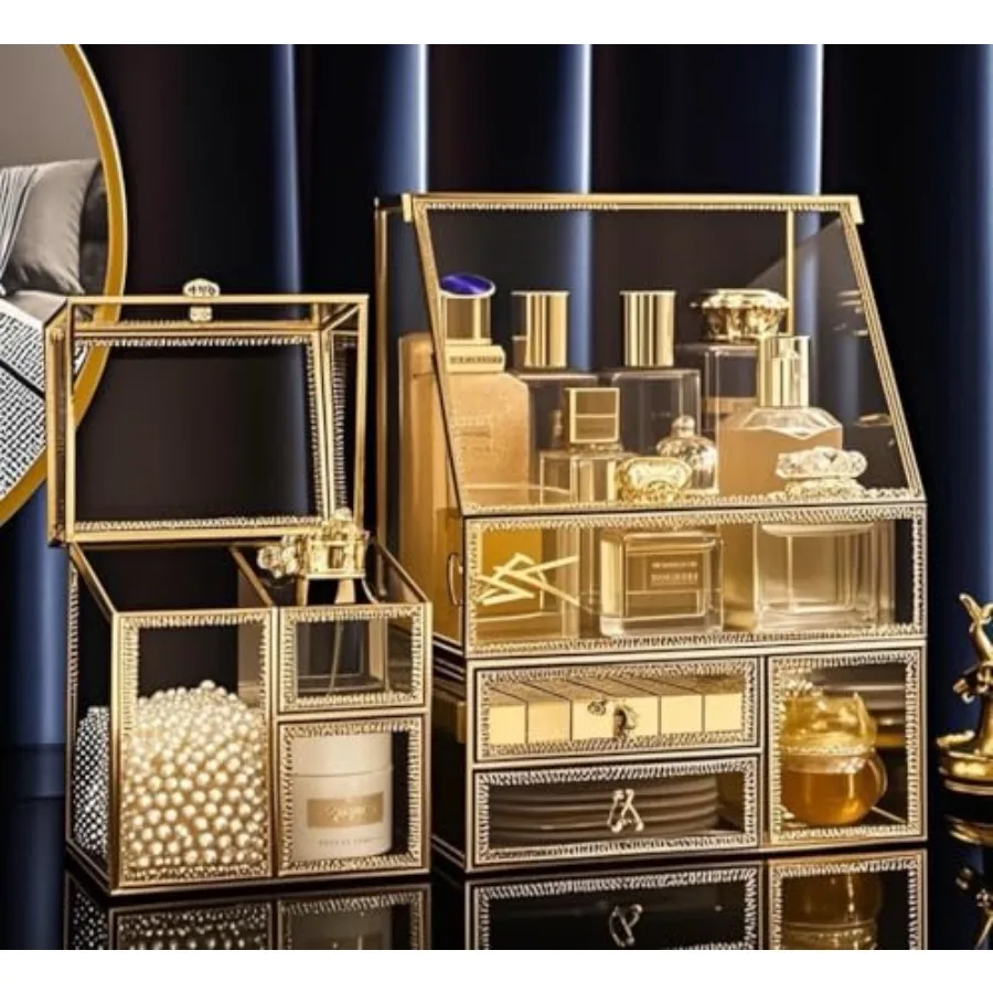 Tempered Glass Makeup Organizer with Gold Heart Shaped Metal Frame, Large Cosmetic Storage Drawer Cabinet, Dustproof Vanity Dis