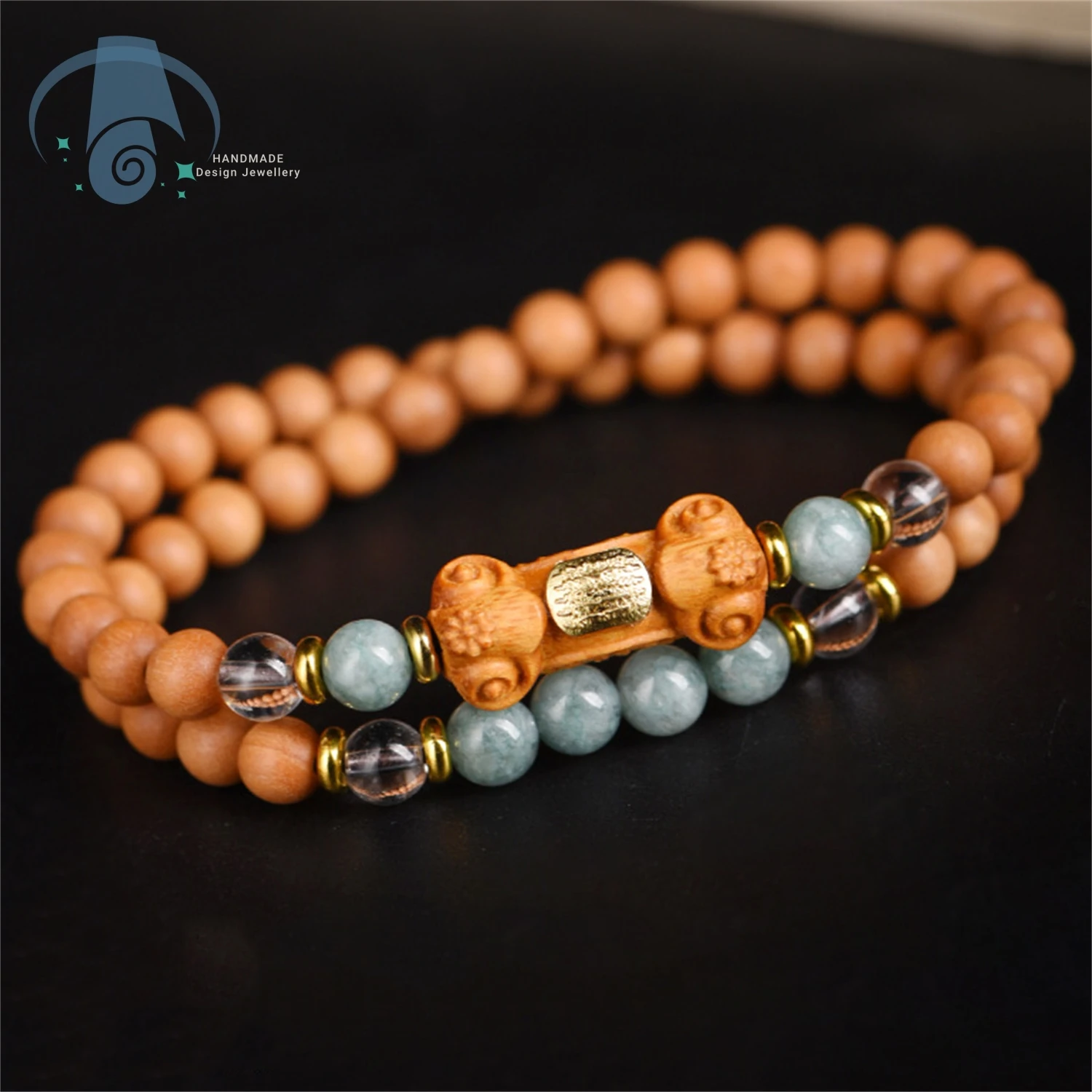 Natural Sandalwood Double Row Bracelet Ruyi Spacer Bead Jade Hand String Novelty Wooden Jewelry for Men Women Unisex Gift