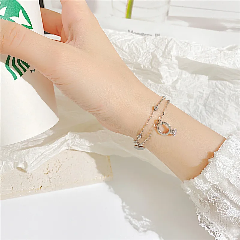 

Korean Student's Simple Personality Round Bead Heart Double Layer Bracelet Women Daily Jewelry