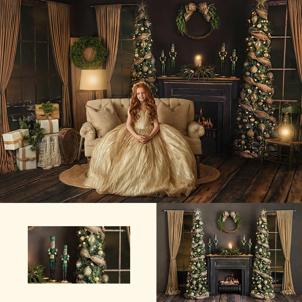 Golden Warm Xmas Livingroom Backdrops Adult Child Photography Portrait Props Christmas Fireplace Background For Photostudio