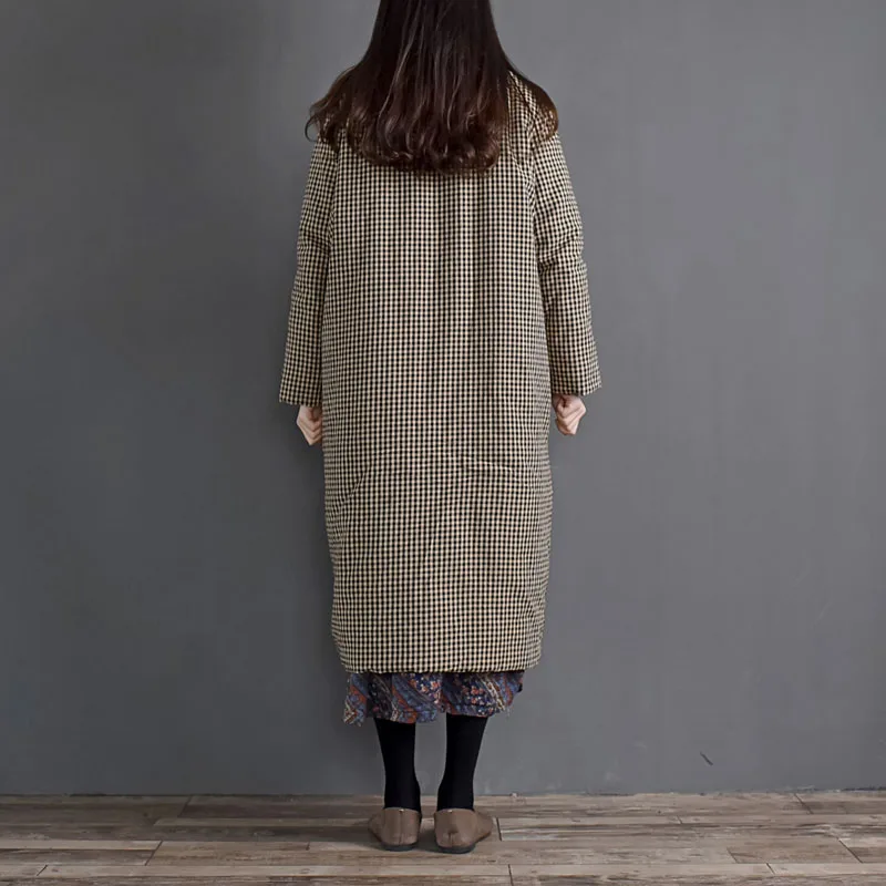 Литературное хлопково-льняное утолщенное стеганое длинное пальто в клетку, женская зимняя китайская однорядная свободная куртка с пряжкой и карманами