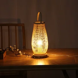 Night Light Small Rattan Hollow-Out Bamboo Boho Decorative Nightstand Solid Wood Base Lamp Table Desk Lamp for Bedroom,Living