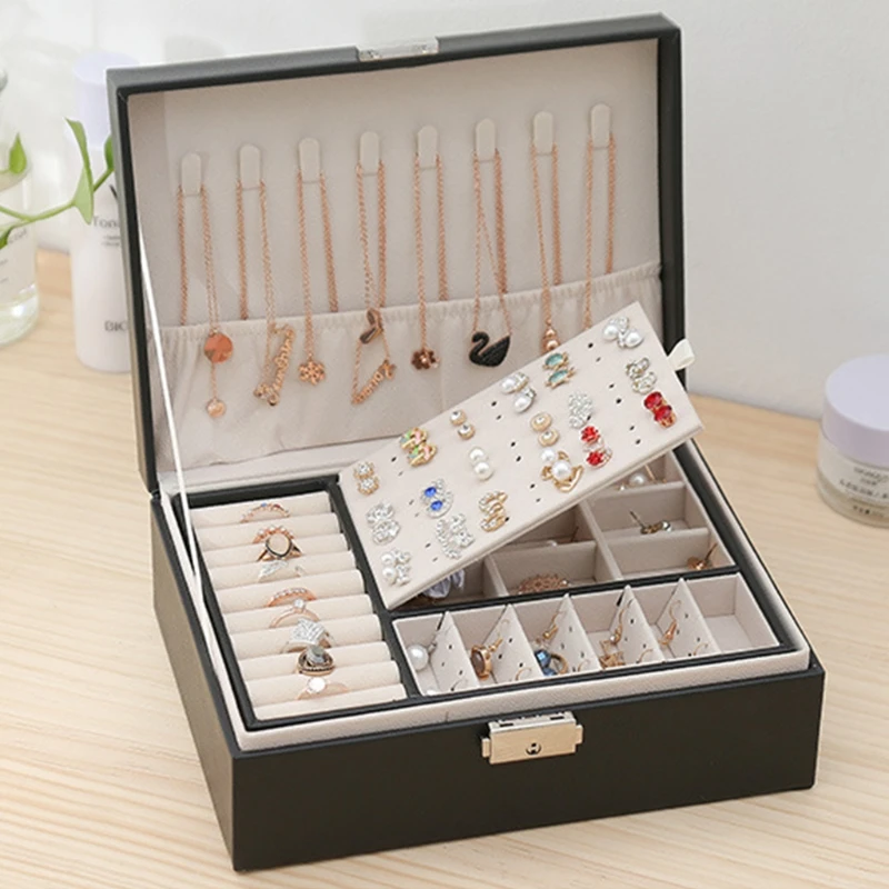 Protable Travel PU Double Layers Jewelry Box Display Earrings Rings Necklaces Storage Holder