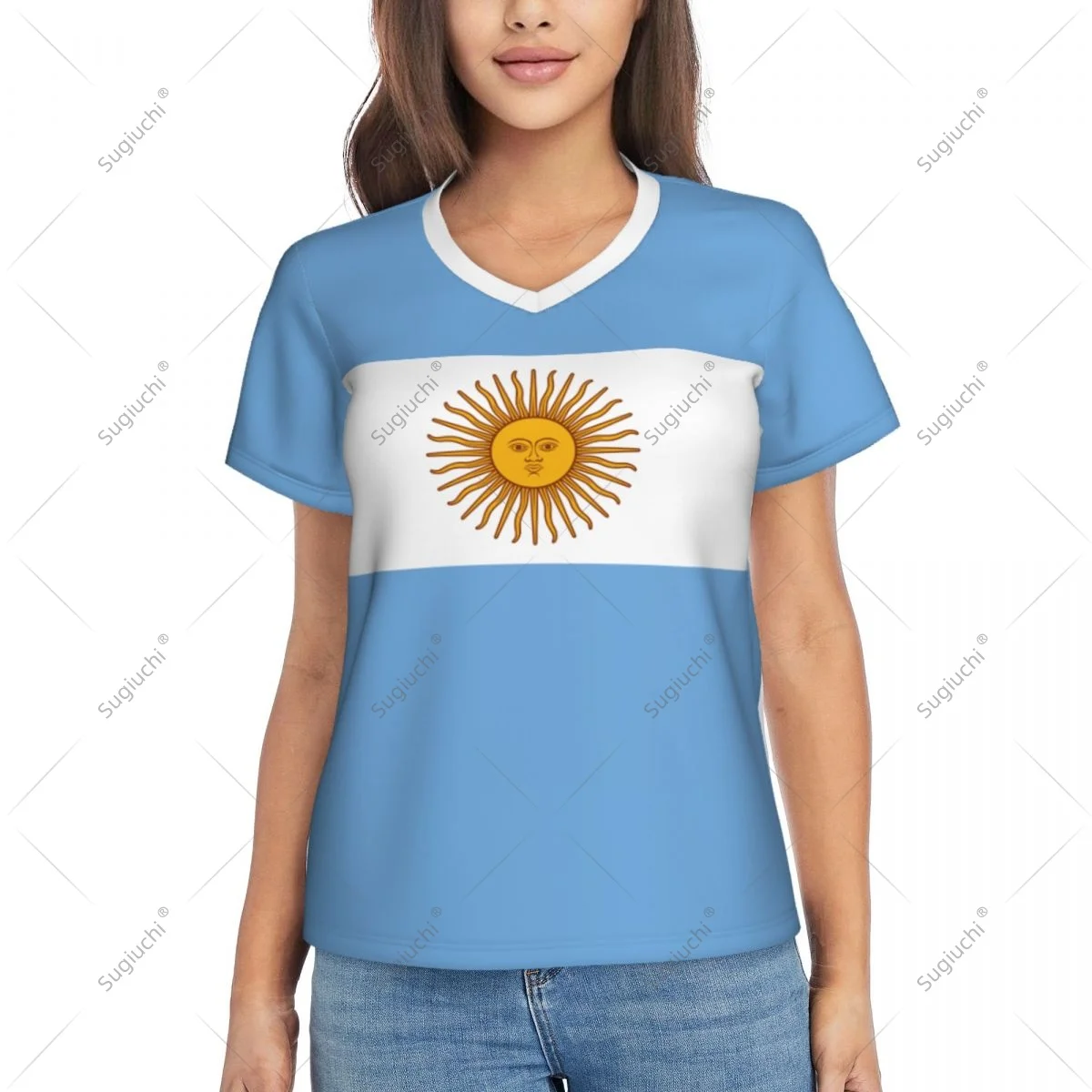 Argentina Flag Shirts Women Patriotic Tee Tops V-Neck Short Sleeve Summer Soft Breathable Lady Y2k T-Shirt view 2