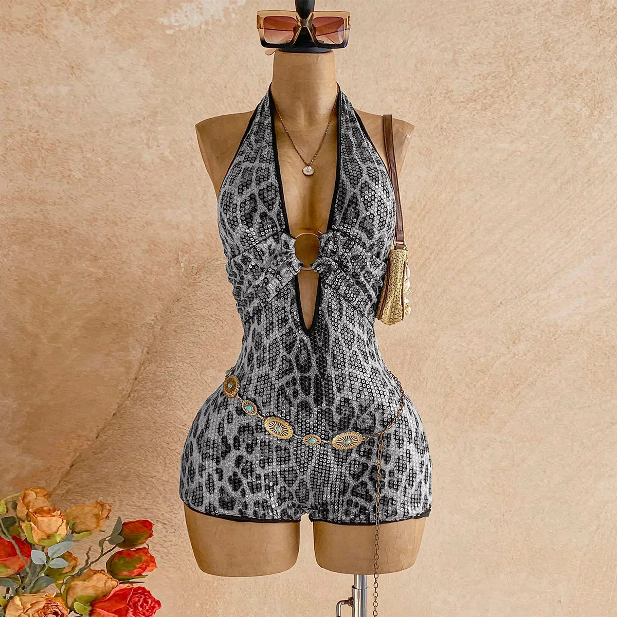 Sequins Leopard Print Skinny Playsuits Women Sexy Metal Ring Deep V-neck Halter Backless Booty Lifting Slim Night Club Rompers