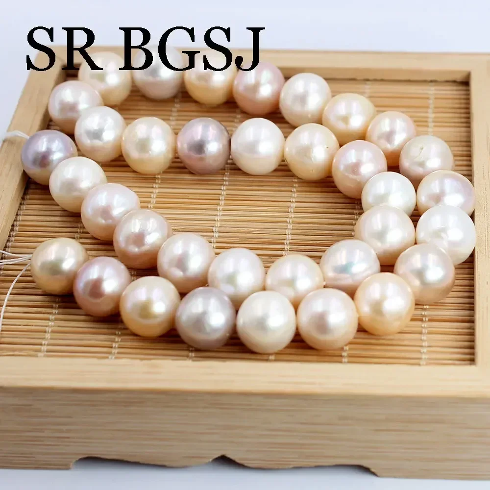 12-13mm AA White Pink Jewelry Making Natural Nearly Round Big Real Freshwater Pearl Loose Beads Strand 14