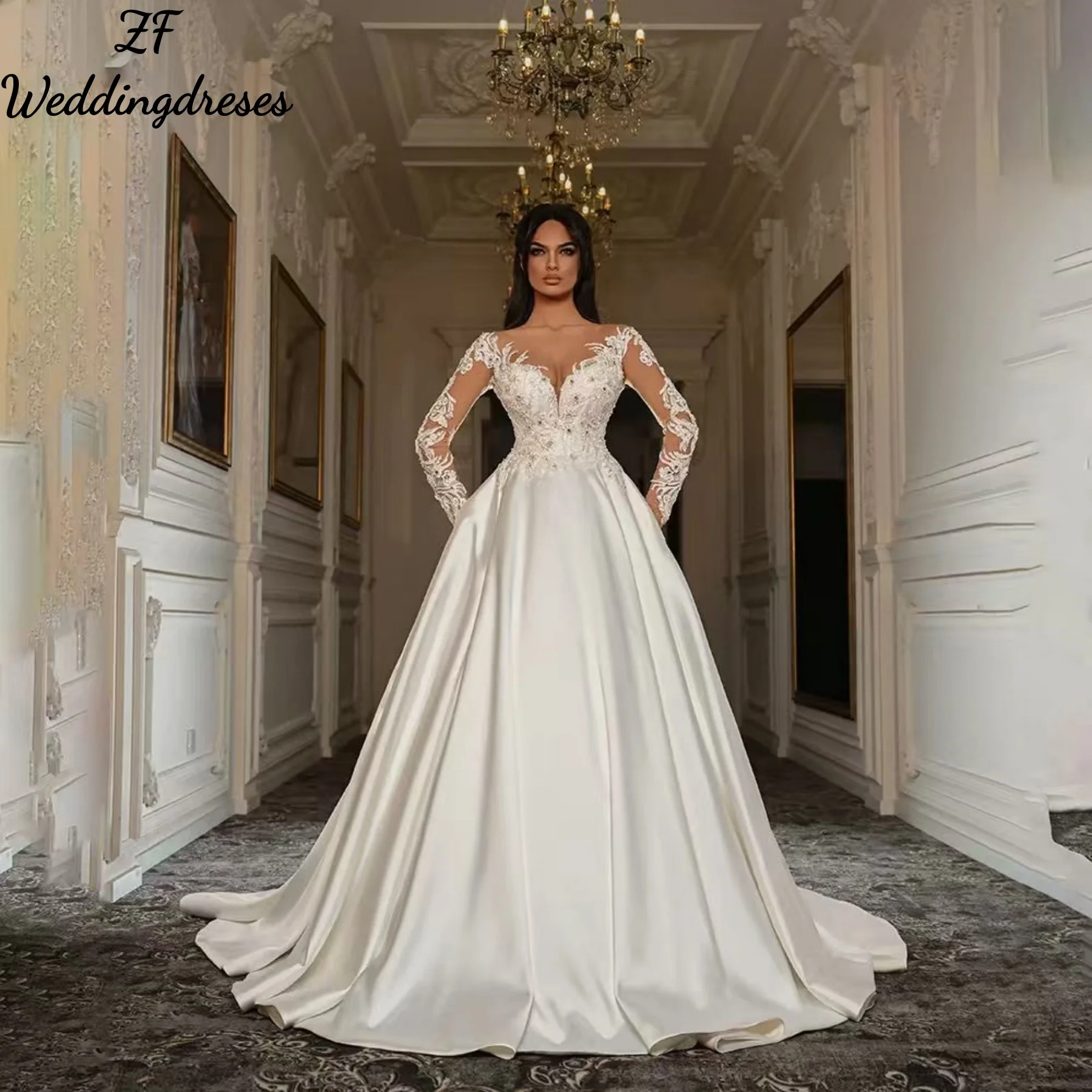 zf Maßgeschneidertes Luxus-Hochzeitskleid mit herzförmigem Ausschnitt, Spitzenapplikation, langen Ärmeln, Satin, A-Linie, Sweep-Zug, Brautkleid