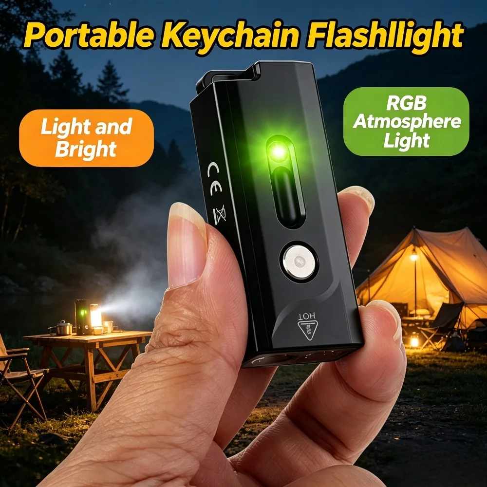 Mini Aluminum Alloy Keychain Flashlight Waterproof EDC Torch with Red Green Blue Ambient Light for Daily Carry Camping Lighting