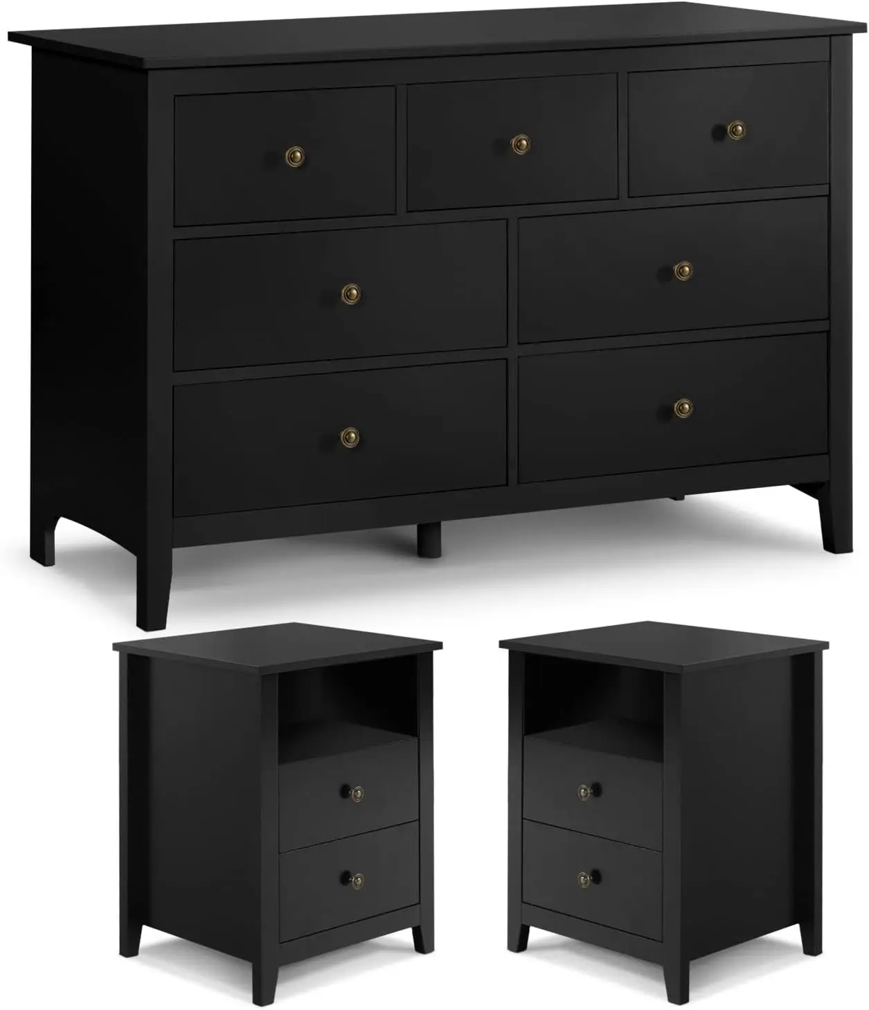 3 Pieces Bedroom Set, 7 Drawer Dresser and 2 Drawer Nightstands Set, Wooden Bedroom Furniture, Modern, Black