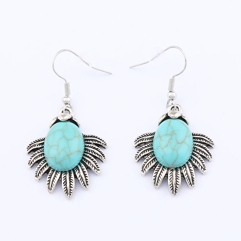 Tibetan Silver Color Bohemia Imitation Turquoises Stone Leaf Patterns Pendant Earring for Fashion Women Jewelry Accessories