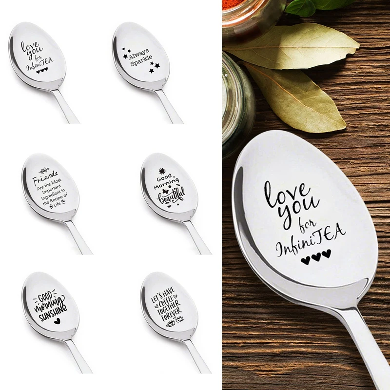 Stainless Steel Engraved Spoon Teaspoon Valentine's Day Gifts For Lover Couple Tableware Coffee Dessert Spoons Kitchen Supplies