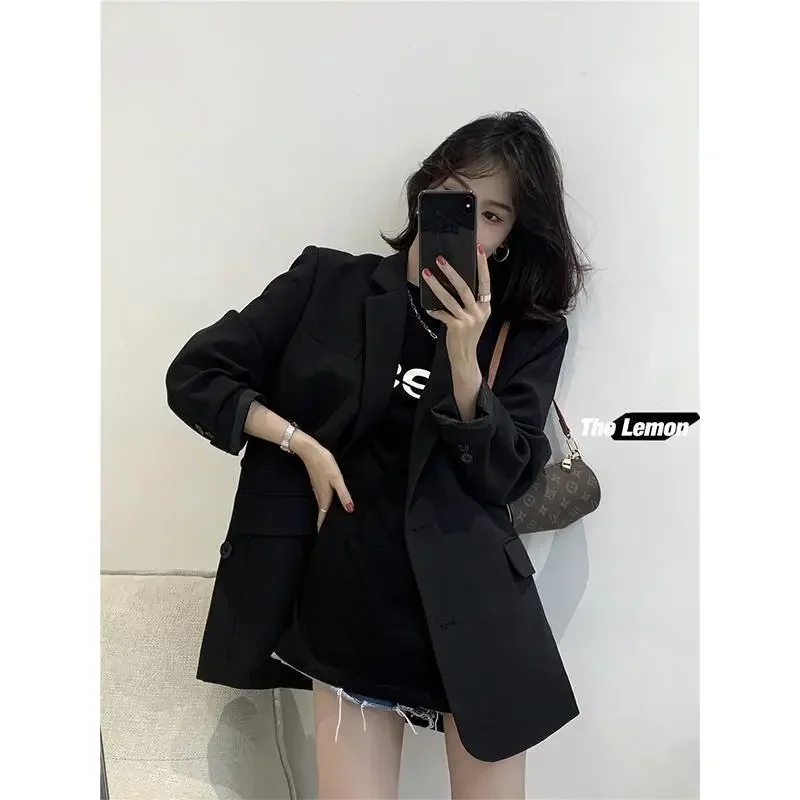 Spring Summerthin Loose Office Lady Fashionable Solid Color Blazers Button Pockets Notched Women's Clothing Long Sleeve Sweet