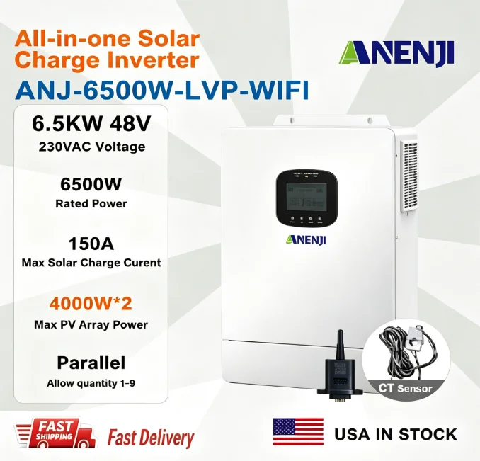 In Stock Anenji ANJ-6500W-LVP-WIFI Hybrid Inverter 120V All in One with WiFi CT Parallel US Version UL Certified
