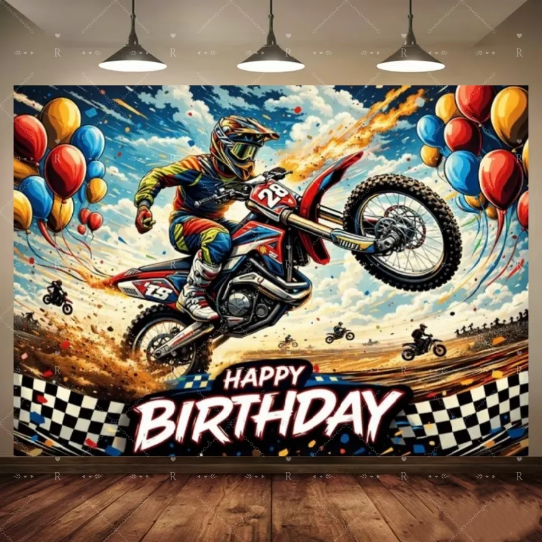 Motorrad-Themen Geburtstagsparty Dekorationen Hintergrund Rennspiel Banner Offroad-Motorradfahrer ‌ Fotografie-Hintergrund-Requisite – Detail 5