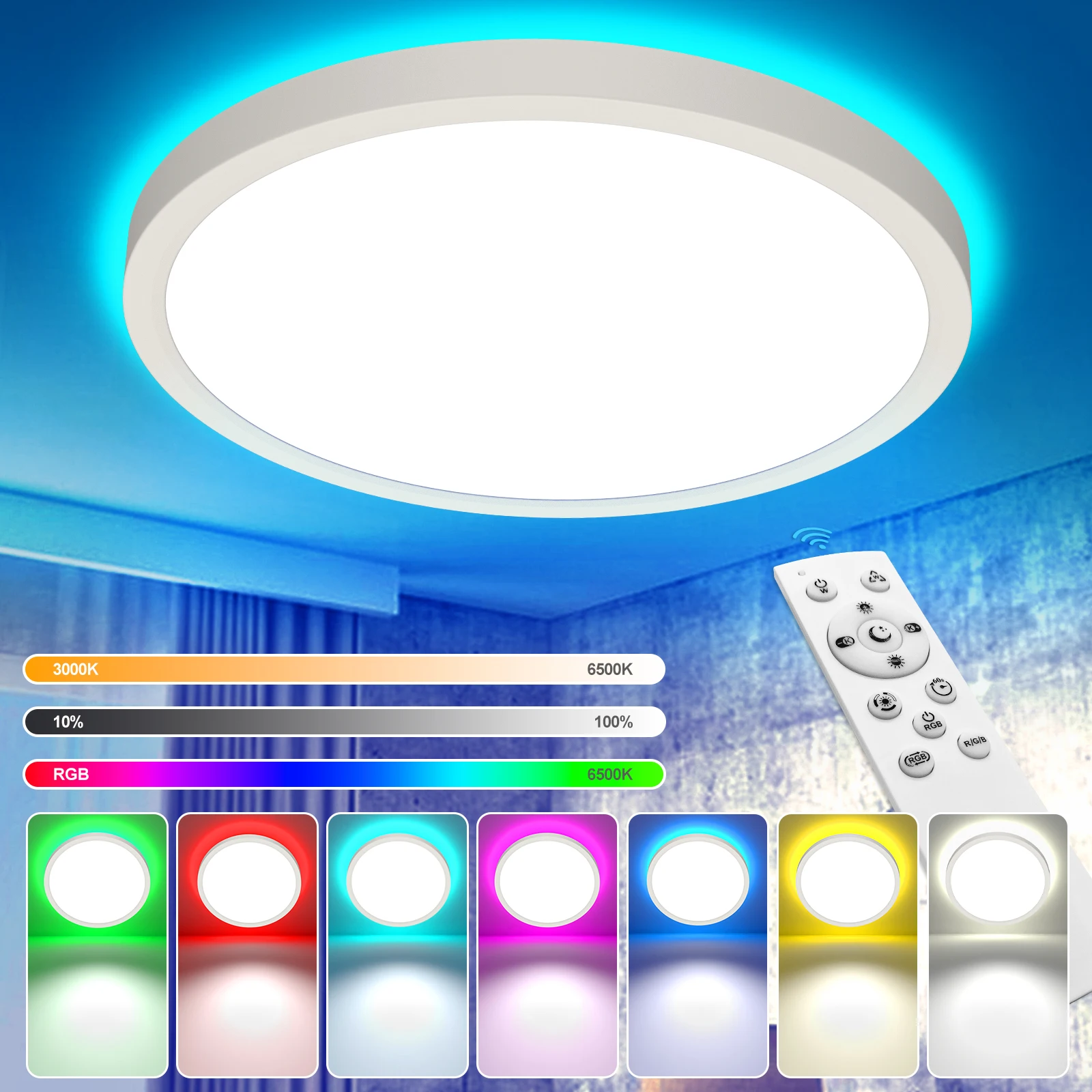 Ceiling Light 24W RGBW Ceiling Lamps For Living Room Smart Remote Stepless Dimming 3000-6500k Backlight Panel Light Indoor