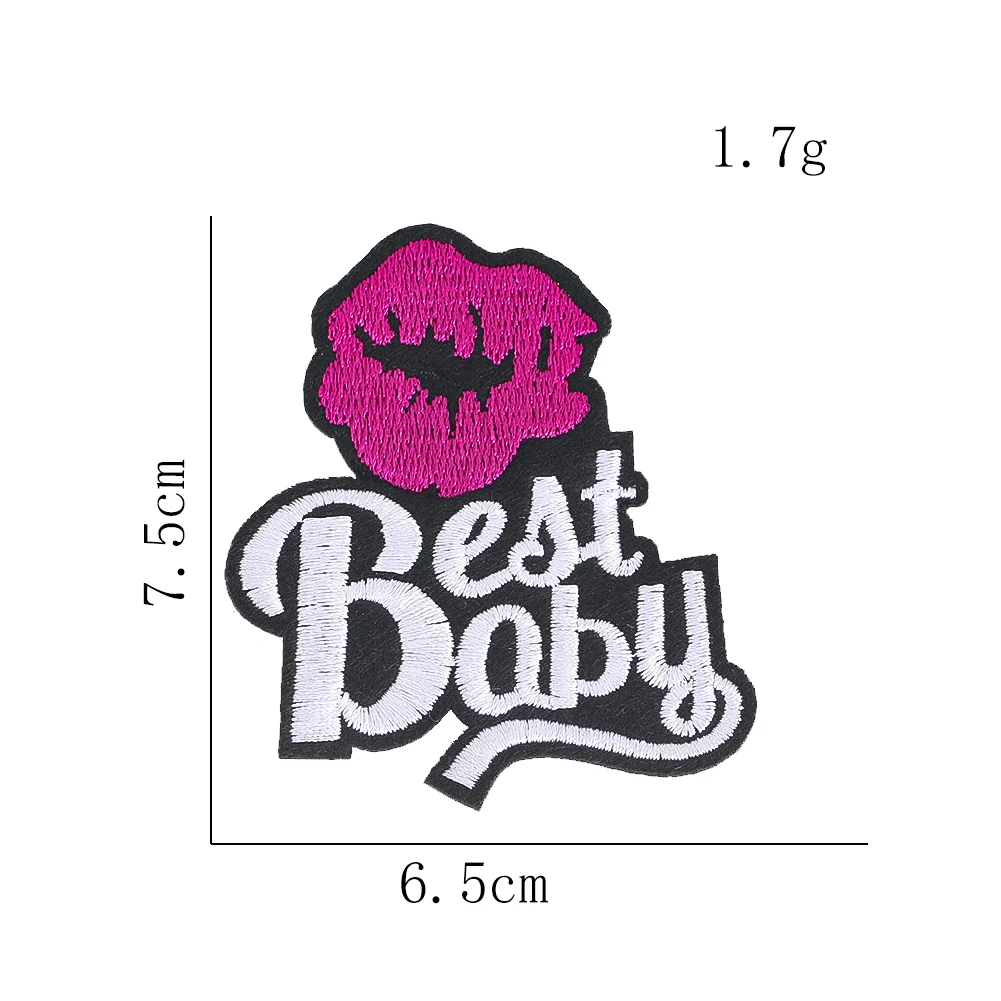 Modische Lippen-Stickapplikation, Bester Bügel-Aufnäher mit Baby-Text, Dekoratives Abzeichen für Kleidung, Rucksäcke, Mützen, Handgemachtes DIY-Zubehör – Detail 3