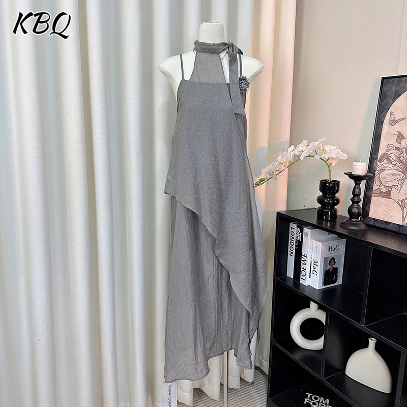 

KBQ Solid Sheer Irregular Loose Bacakless Dresses for Women Stand Collar Sleeveless High Waist Temperament Dress Female Fashion