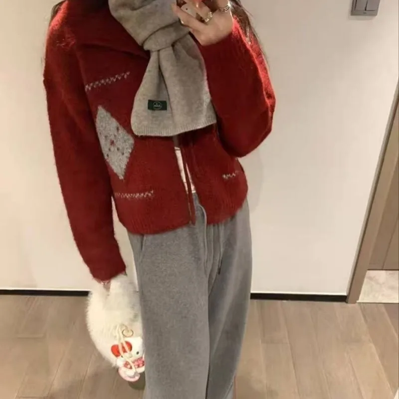

Retro Korean Style Color-blocked Knitted Cardigan Autumn and Winter New Strap Design Versatile Sweater
