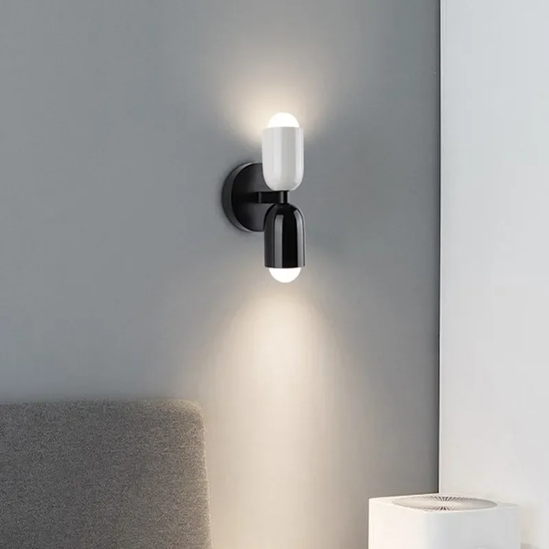 Lámpara de pared LED nórdica, columna de accesorio de macarrón de 2 cabezales color crema, decoración de cabecera negra, aplique de pared E27 para