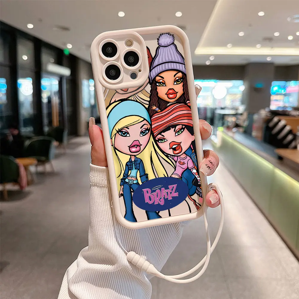 女の子用ハンドストラップ付きのかわいい電話ケース,ソフトtpuバックカバー,bratz人形,iphone 15, 14, 13, 12, 11 pro max,mini,xr,xs,x,7 8プラス