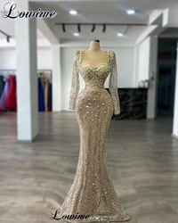 Long Sleeves Champagne Sequined Evening Dresses Pearls Mermaid Opening Ceremony Dresses Robes De Soirée Prom Party Dresses