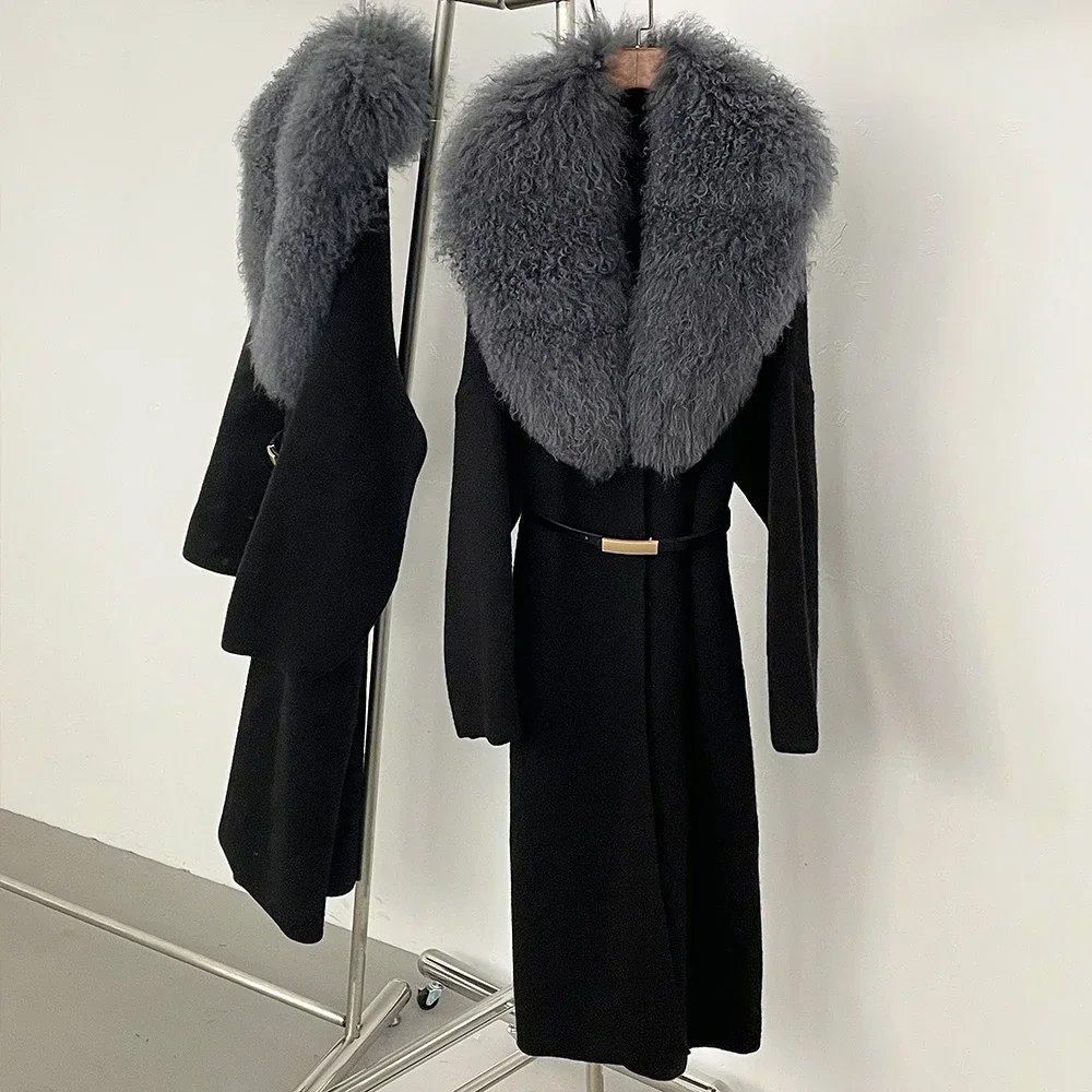 Pull Long tricoté avec ceinture pour femme, vêtement avec col en vraie fourrure de mouton de mongolie, Cardigan tricoté, printemps-automne