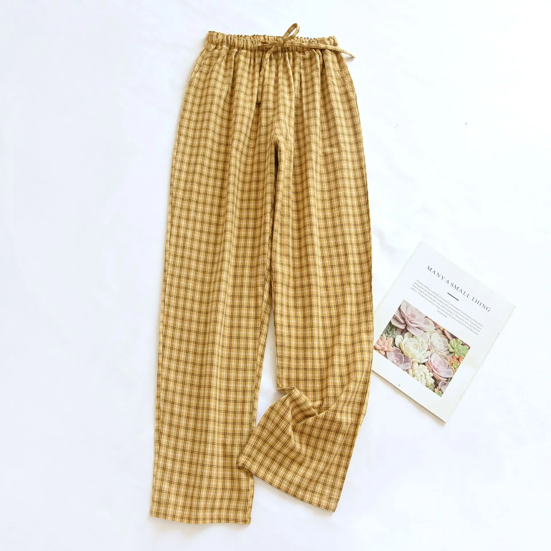 Spring Autumn Women 100% Cotton Yarn Sleep Bottoms Female Nightwear Trousers Casual Plaid Lounge Home Pants Pajama Pants Wommen