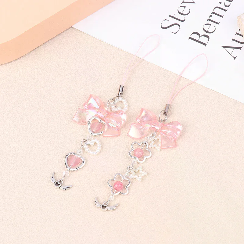 

Брелок Y2K: Нежно-розовый бант, сердечко, цепочка для телефона для девочек, милый ремешок с цветами и звездами, шнурок для мобильного телефона
