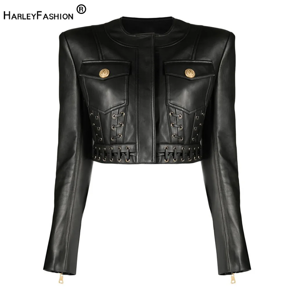 Women Short Design Coats Long Sleeve Lace-up Handsome Lady Street PU Leather Jacket