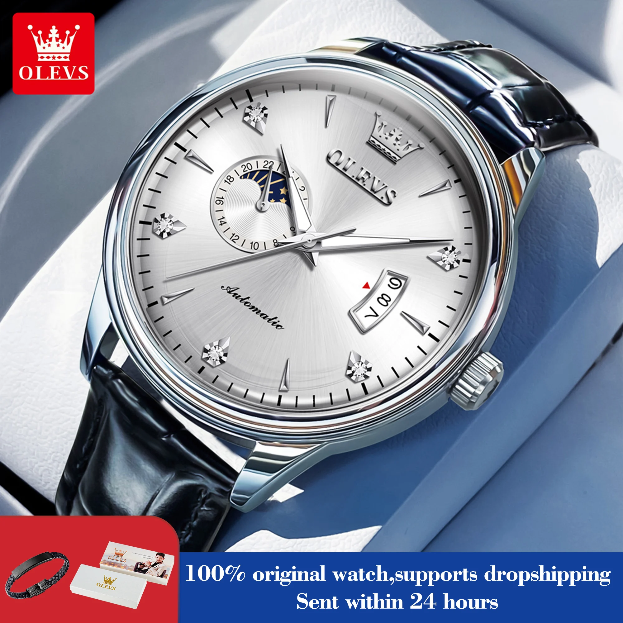 

OLEVS 7040 мужские часы модные деловые механические часы для мужчин с автоматической датой и фазой Луны кожаные мужские ручные часы светящиеся водонепроницаемые