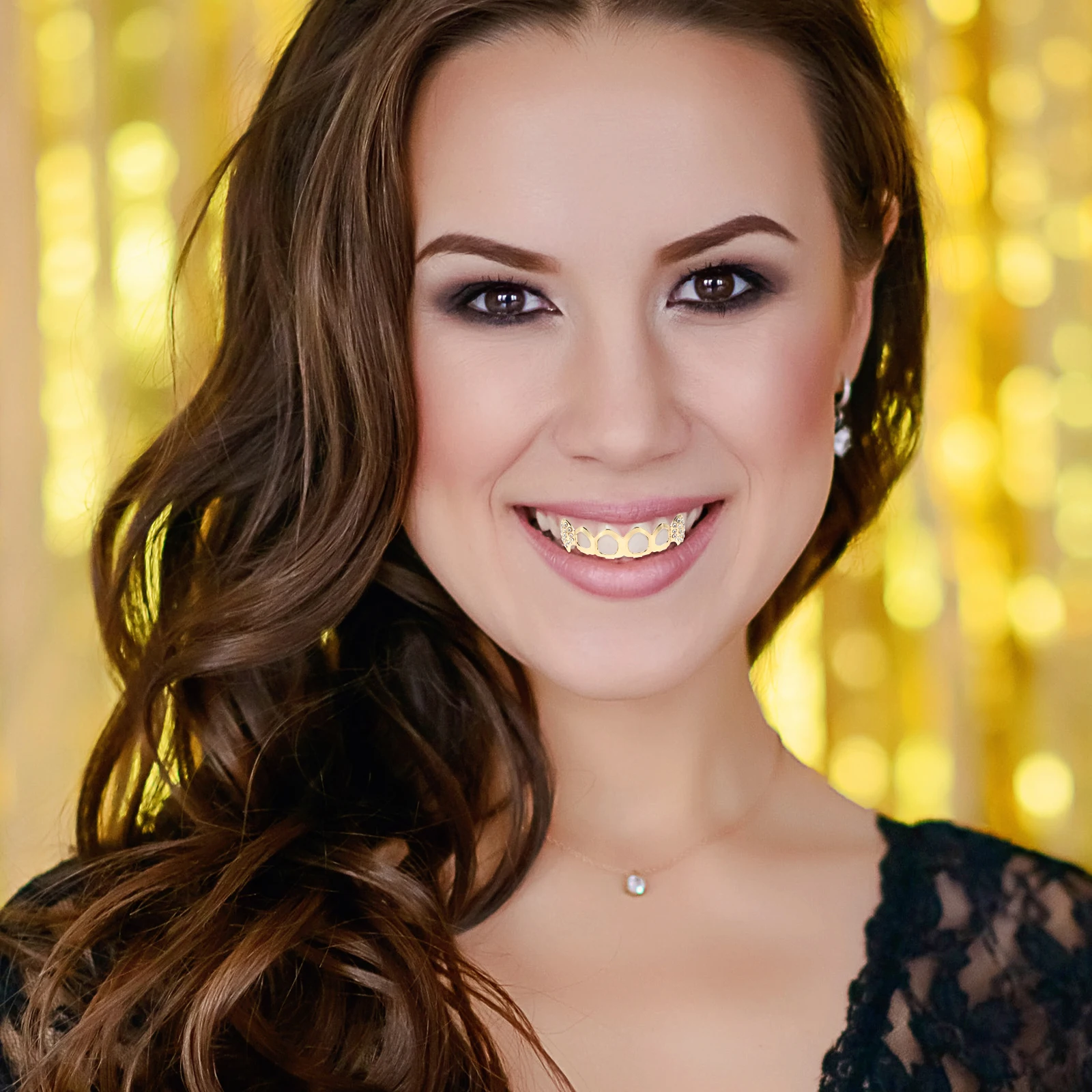 

1 Set For Rhinestone Gold Vampire Fang Hollow Design Men Women Hip Hop Metal Jewelry Halloween Cosplay Party Costume Accessory