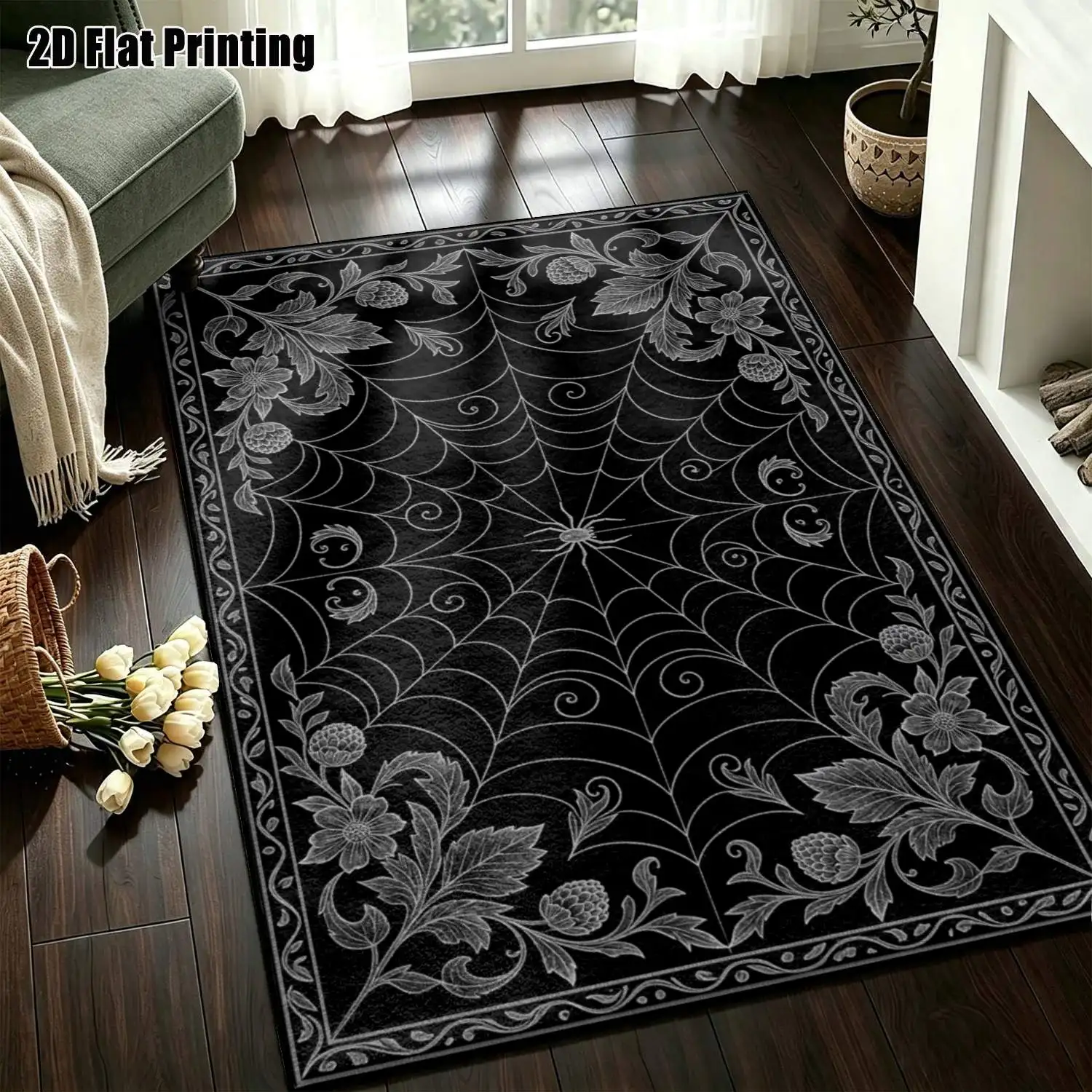 1Pc 2D Printed Carpet: Black Base, Silver-Grey Spider Flower & Vine Pattern, European Vintage Style, Geometric/Retro Floral/Line Art Multi-Size, Machine Washable, Ideal for Home Decor, Entryway/Dining Room/Foyer/Bedroom/Living Room.