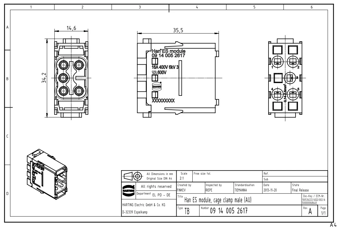 09140052617 HARTING 16A5-pin мужской Han®Один модуль ES