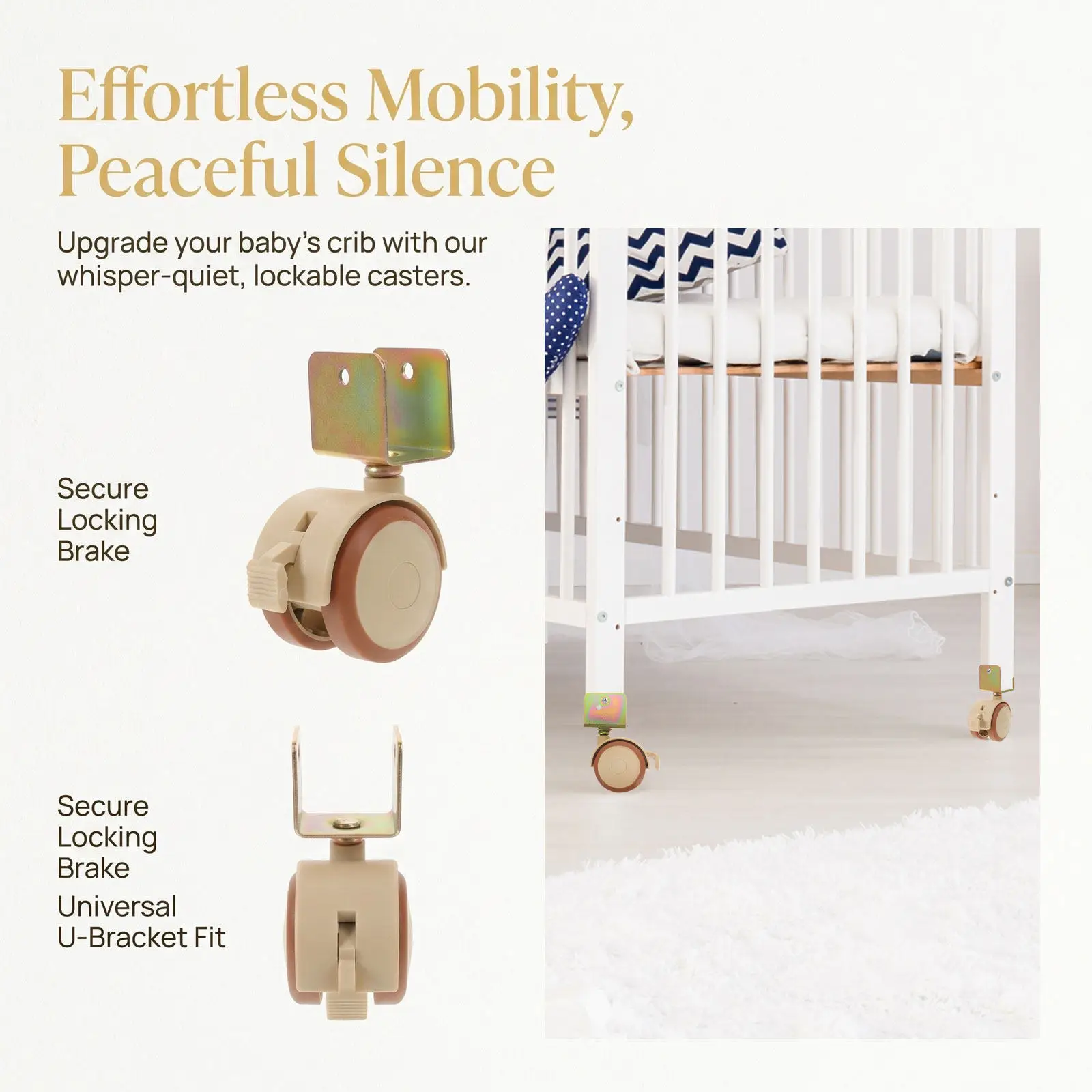 4Pcs Silent Baby Crib U Bracket Caster Wheels Locking Swivel Brake Furniture Replacement Wheels Universal No Noise