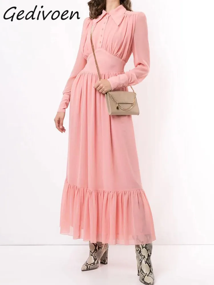 Gedivoen Summer Fashion Designer Shirts Dress Women Lapel Button Ruched Gathered Waist Big Swing Ruffles Elegant Pink Long Dress