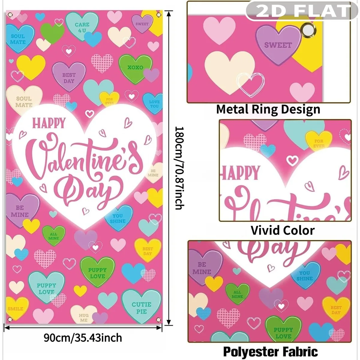 2D FLAT 1pc Happy Valentine's Day Tapestries Door Cover with Grommets, Durable Polyester Fabric, 3x6 FT Romantic Candy Colored