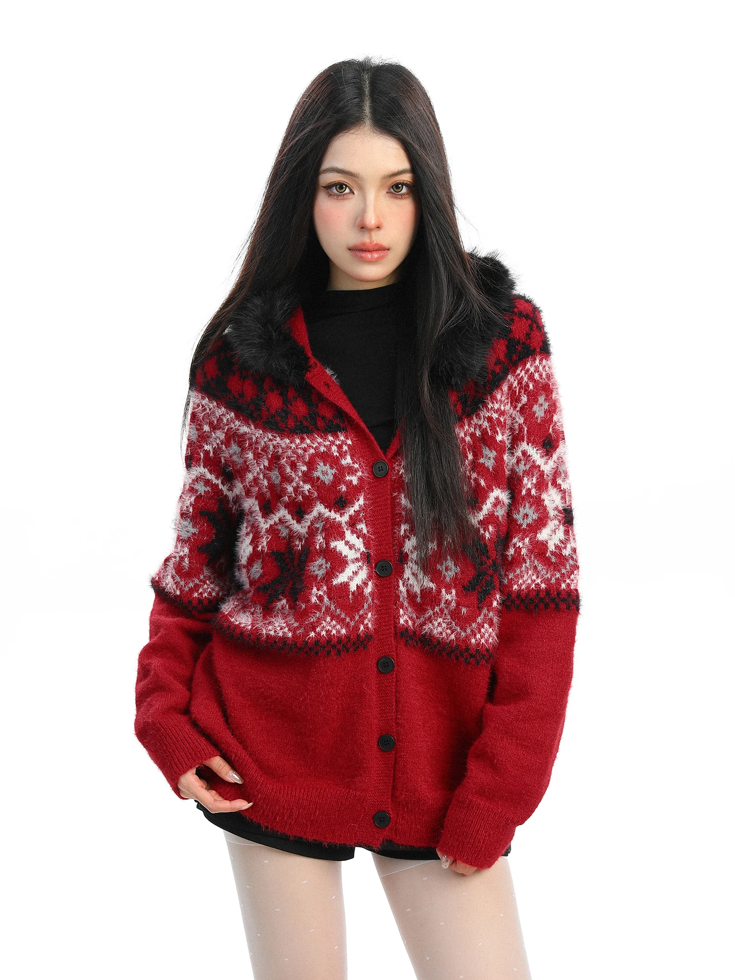 

Biggold праздничный красный свитер с капюшоном женский свободный открытый кардиган пальто осень-зима винтажная трикотажная одежда тепла гарантировано