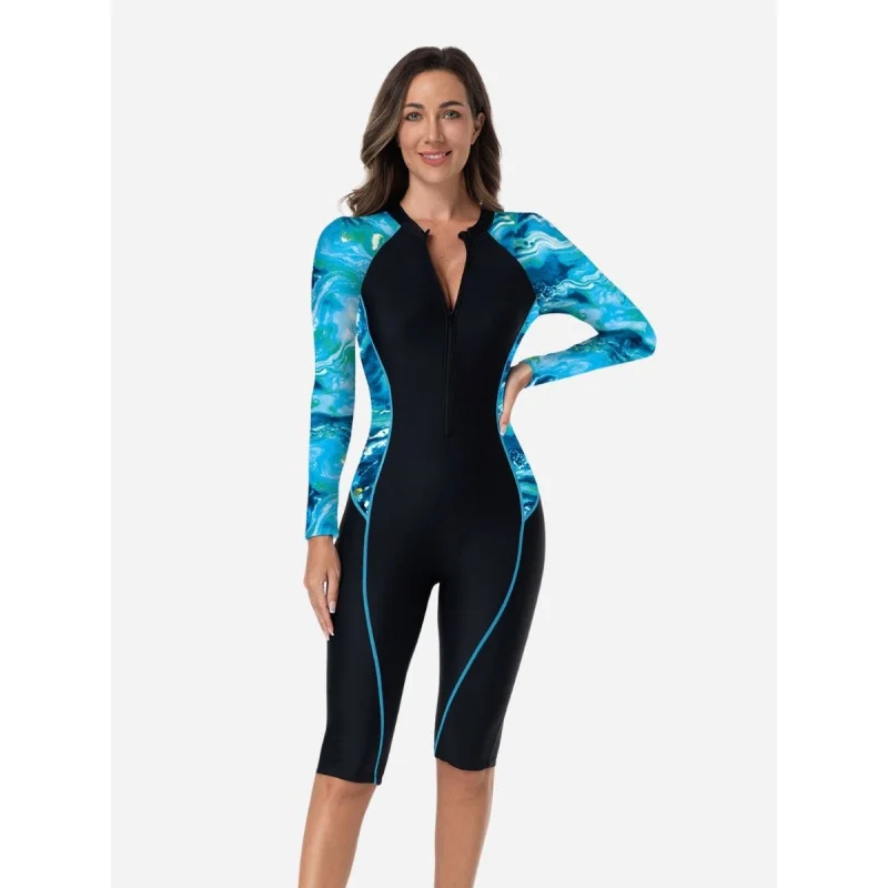 

Купальник для женщин с длинным рукавом, цветной блок, цельный, с защитой от солнца, с передней молнией, пляжный комбинезон, купальный костюм