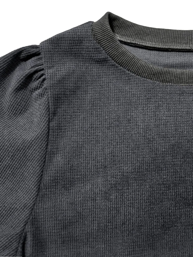 Women Autumn Winter Waffle Knit Sweatshirt Solid Long Sleeve Button Cuff Cropped Top Vintage Loose Casual Warm Pullover Blouse