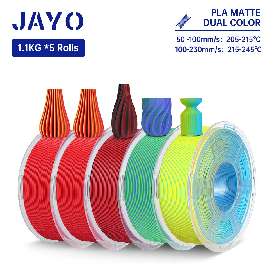 

JAYO PLA Matte 3D Filament 1,75 мм, 5 рулонов/комплект, двухцветная нить PLA Matter Effect для 3D-принтера 2 в 1, цветные материалы для 3D-печати