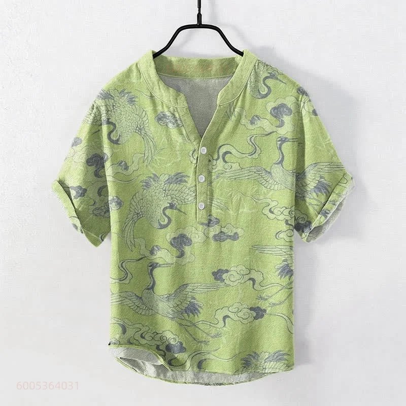 Men's POLO shirt with all-over print of cranes and auspicious clouds, short-sleeved POLO shirt, stylish beach vacation top.