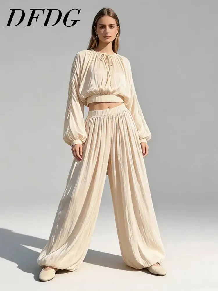

DFDG Women 2026 Spring Summer Crinkled Two Piece Drawstring Crop Blouse Puff Sleeve Elastic Cuff Wide Leg Jogger Pants Set