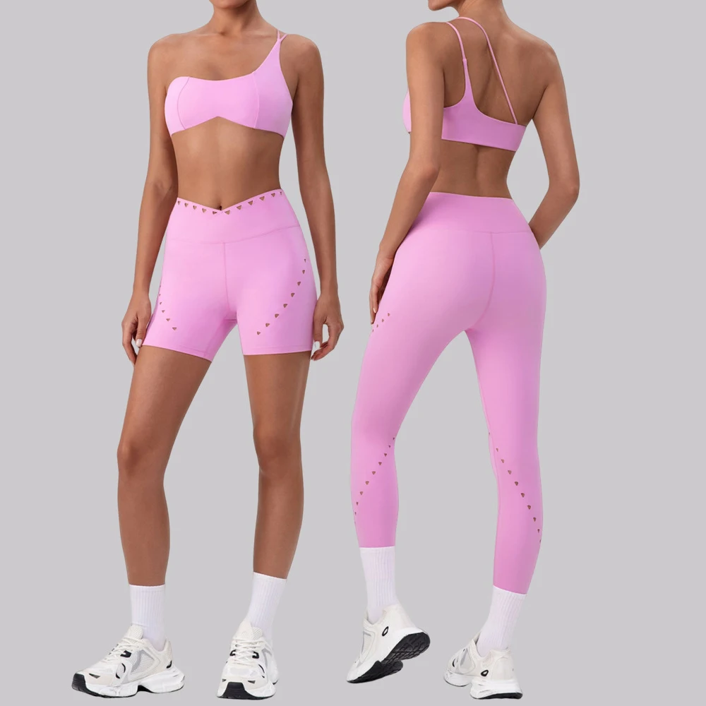 

Fashion Sexy Hollow One Shoulder Gym Set Women Sportswear Yoga Wear 2 Piece Training Suit for Fitness Women Sport Outfit Pink