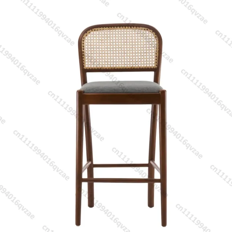 Solid Wood High Chair with Rattan Backrest with Leather Seat Bar Stool