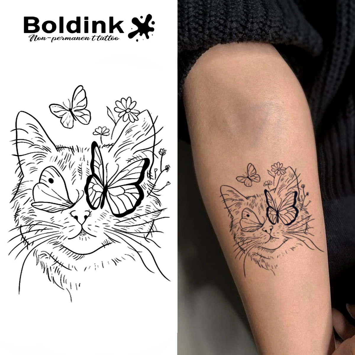 Boldink Whimsical Cat & Butterflies Temporary Tattoo,Lasts To 15 Days New Technology Magic Waterproof Semi Permanent Sticker.