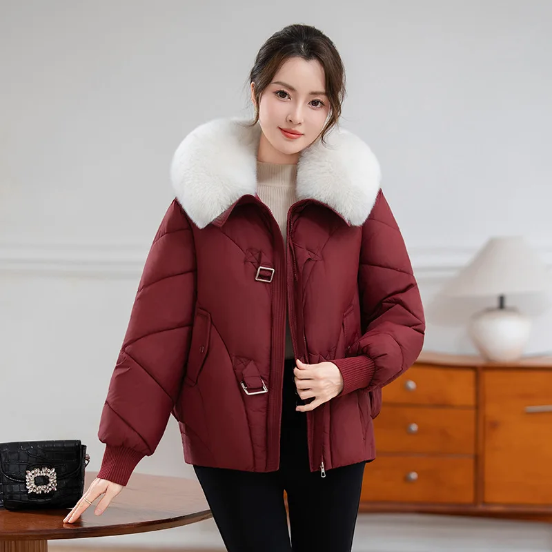 Women Oversize Parkas Coat Solid Short Jacket Middle Age Big Fur Collar Long Sleeve Zipper Straight Fit Thick Casual 2025 Winter