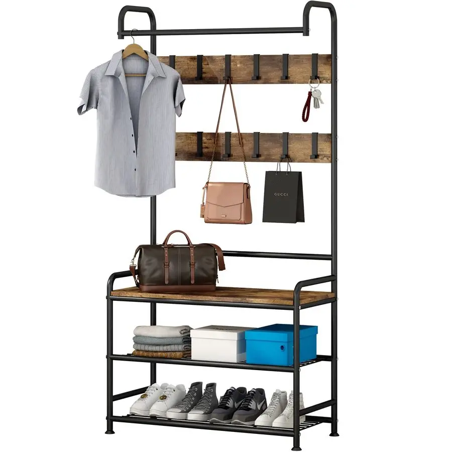 

Coat Rack Shoe Bench 3in1 Hall Tree with Bench and Shoe Storage for Entryway Heavy Duty MDF Stand Coat Rack Industrial Accent Fu